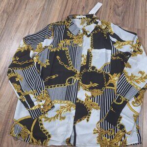 NWT Timing black gold chain and stripes long sleeve shirt size medium